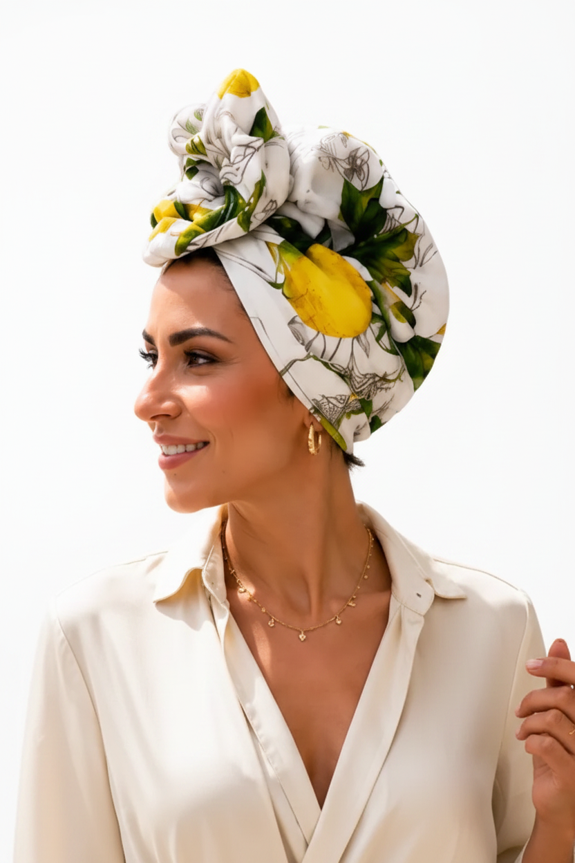 Frau trägt Turban von Lalé by während des Shoppings
