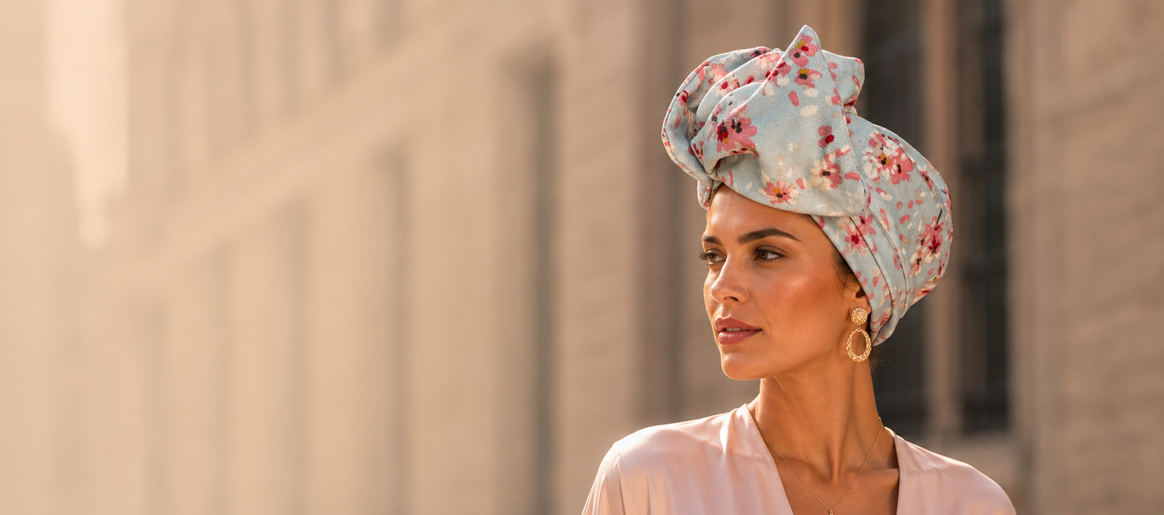 Frau trägt Laleby Bati Turban mit Kirschblüten