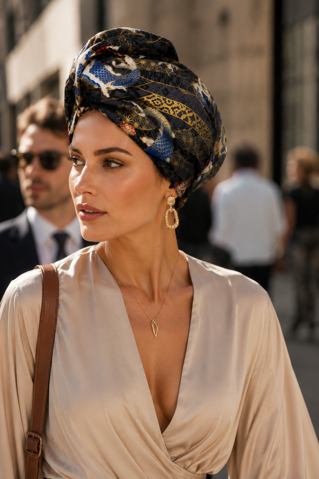Imperial Koi Damen Turban in Schwarz und Gold getragen